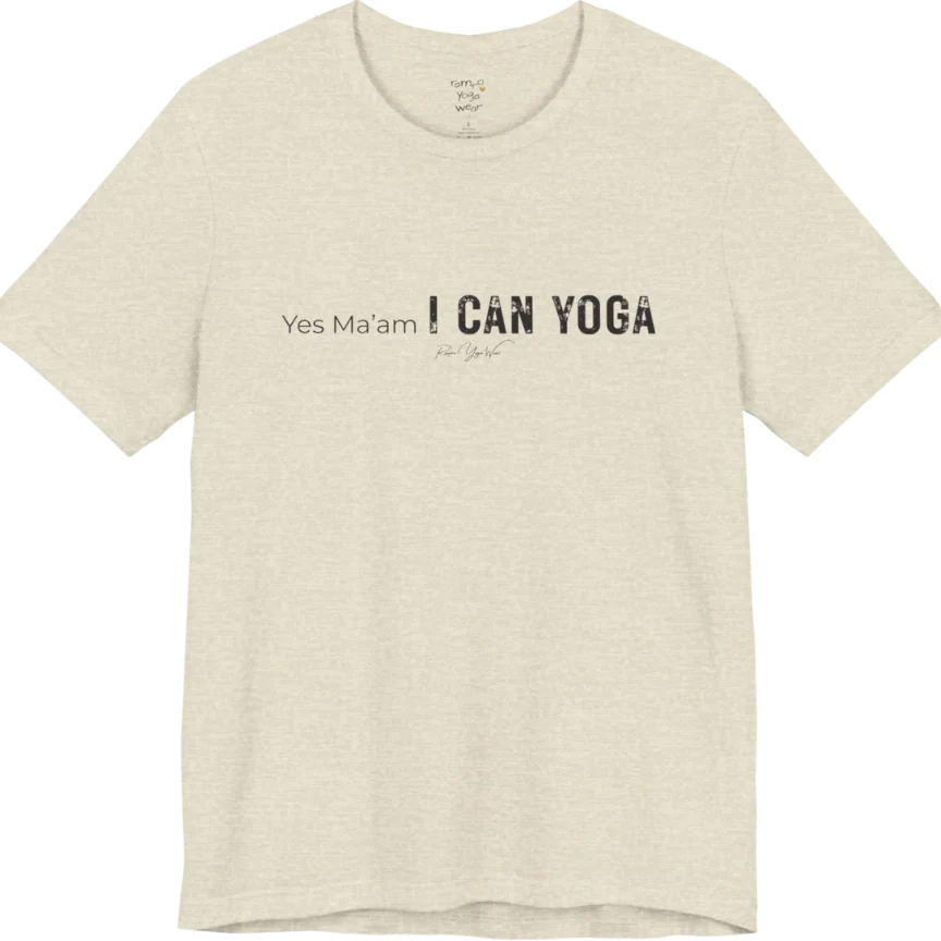 A short sleeved tee with a Bold "Yes Ma'am, I Can Yoga" stacked text design — Funny Yoga Shirts collection by Ramro Yoga Wear in Heather Prism Natural.