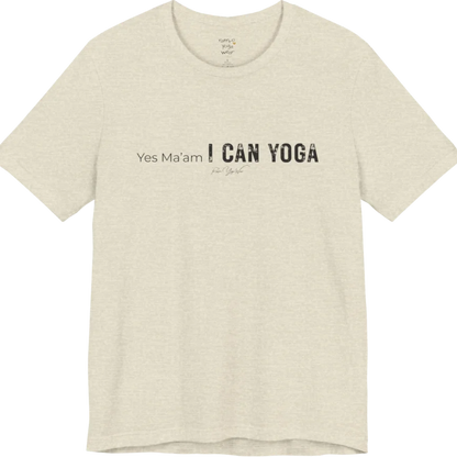 A short sleeved tee with a Bold "Yes Ma'am, I Can Yoga" stacked text design — Funny Yoga Shirts collection by Ramro Yoga Wear in Heather Prism Natural.