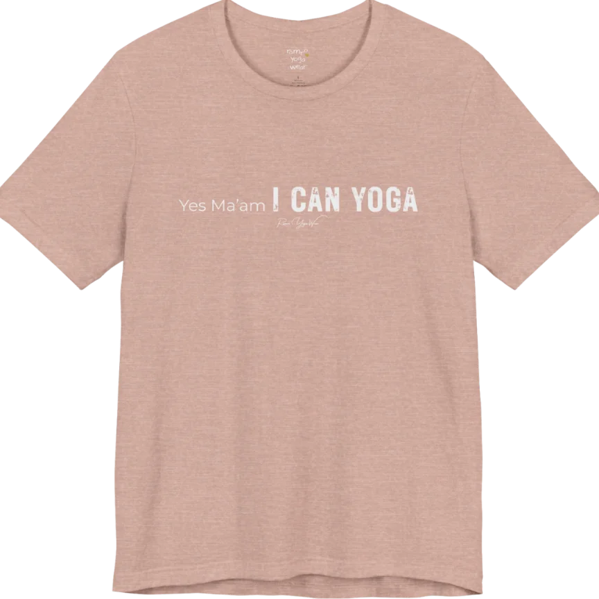 A short sleeved tee with a Bold "Yes Ma'am, I Can Yoga" stacked text design — Funny Yoga Shirts collection by Ramro Yoga Wear in Heather Prism Peach
