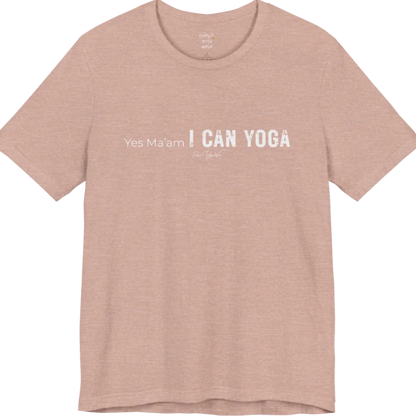 A short sleeved tee with a Bold "Yes Ma'am, I Can Yoga" stacked text design — Funny Yoga Shirts collection by Ramro Yoga Wear in Heather Prism Peach