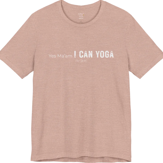A short sleeved tee with a Bold "Yes Ma'am, I Can Yoga" stacked text design — Funny Yoga Shirts collection by Ramro Yoga Wear in Heather Prism Peach
