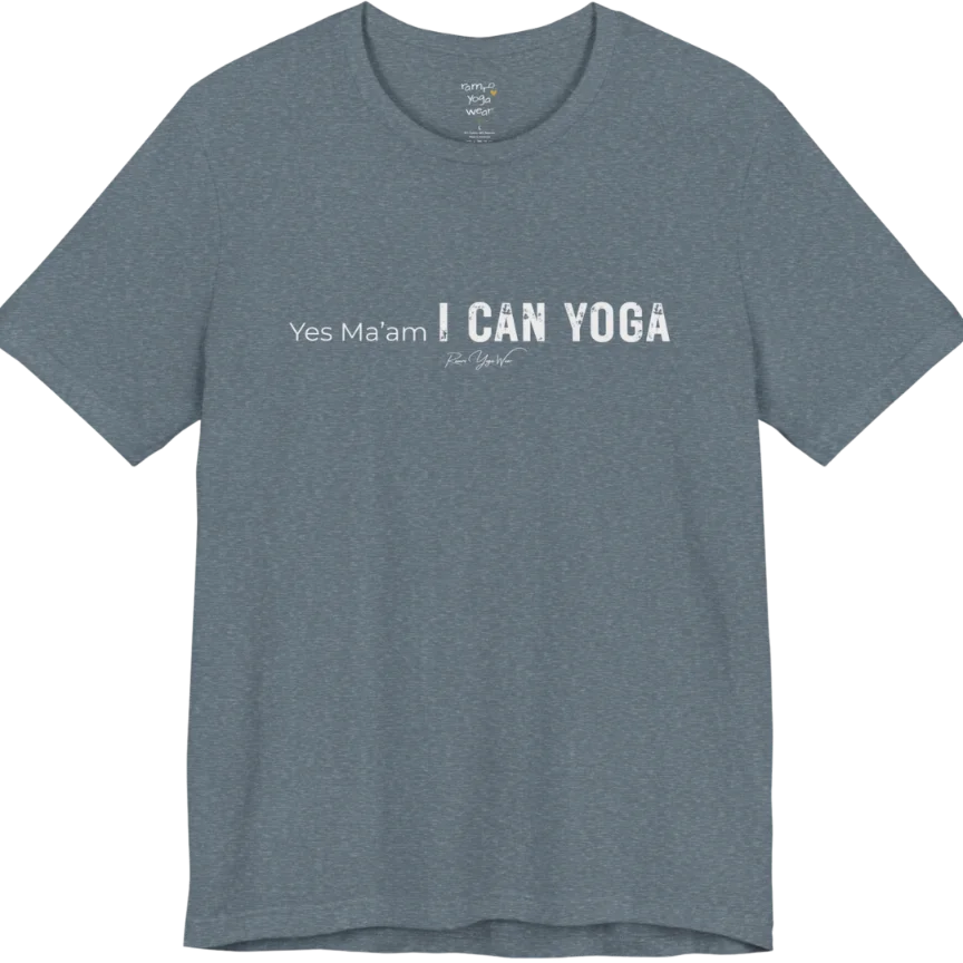 A short sleeved tee with a Bold "Yes Ma'am, I Can Yoga" stacked text design — Funny Yoga Shirts collection by Ramro Yoga Wear in Heather Slate.