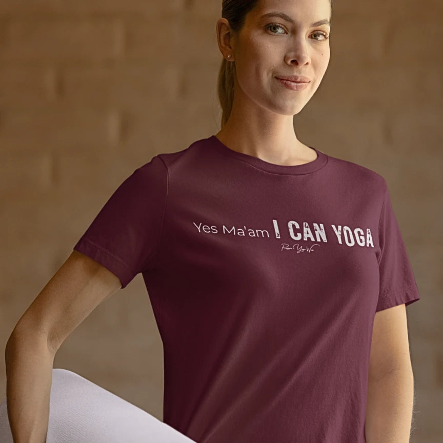 Person wearing Maam Heather Cardinal tee, close-up front view showing the text design — Funny Yoga Shirts collection by Ramro Yoga Wear