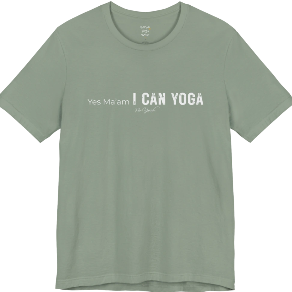 A short sleeved tee with a Bold "Yes Ma'am, I Can Yoga" stacked text design — Funny Yoga Shirts collection by Ramro Yoga Wear in Sage.