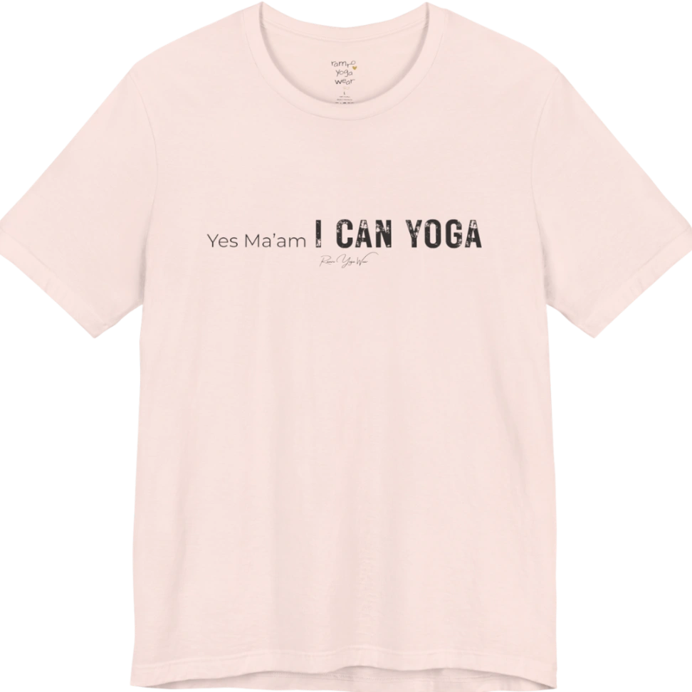 A short sleeved tee with a Bold "Yes Ma'am, I Can Yoga" stacked text design — Funny Yoga Shirts collection by Ramro Yoga Wear in Soft Pink.