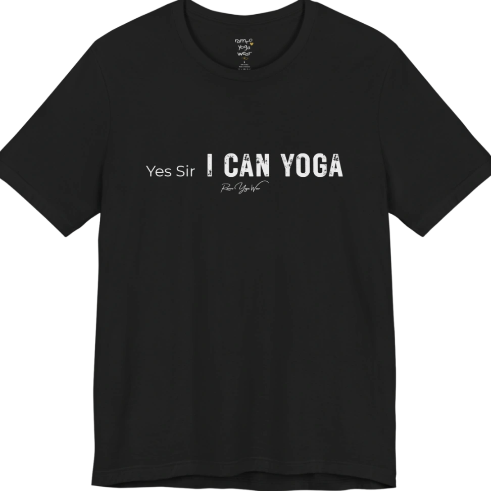 A short sleeved bold "Yes Sir, I Can Yoga" stacked text design — Funny Yoga Shirts collection by Ramro Yoga Wear in Black.