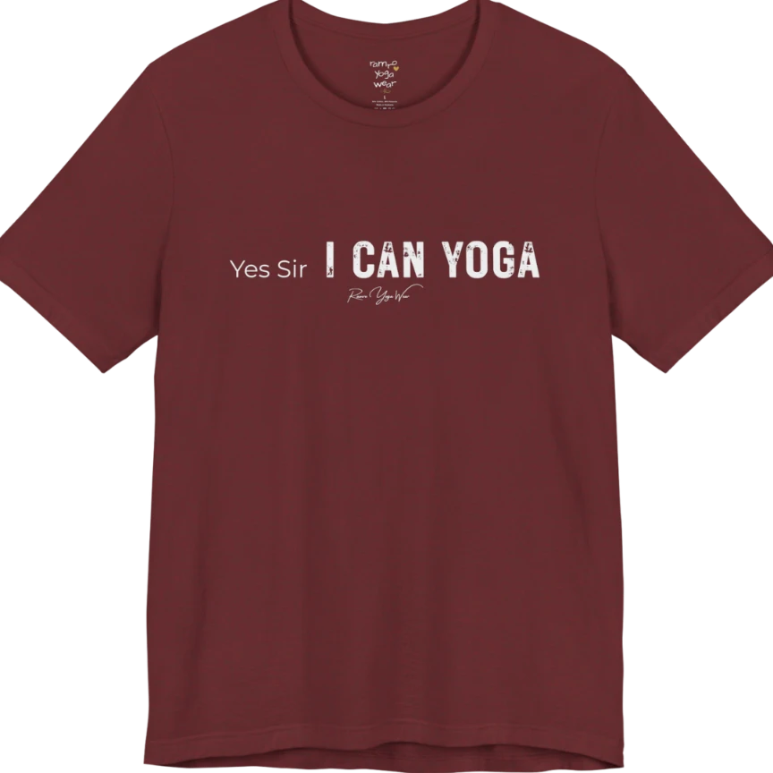 A short sleeved bold "Yes Sir, I Can Yoga" stacked text design — Funny Yoga Shirts collection by Ramro Yoga Wear in Heather Cardinal.