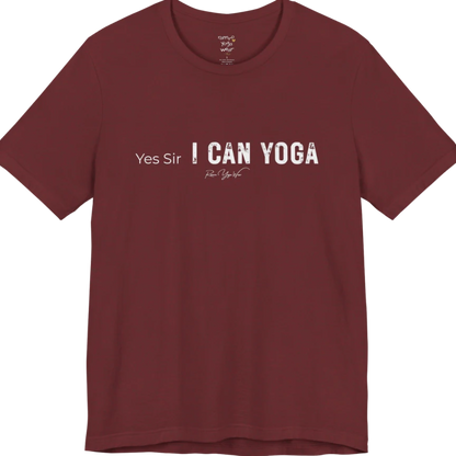 A short sleeved bold "Yes Sir, I Can Yoga" stacked text design — Funny Yoga Shirts collection by Ramro Yoga Wear in Heather Cardinal.