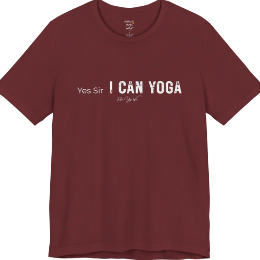 A short sleeved bold "Yes Sir, I Can Yoga" stacked text design — Funny Yoga Shirts collection by Ramro Yoga Wear in Heather Cardinal.
