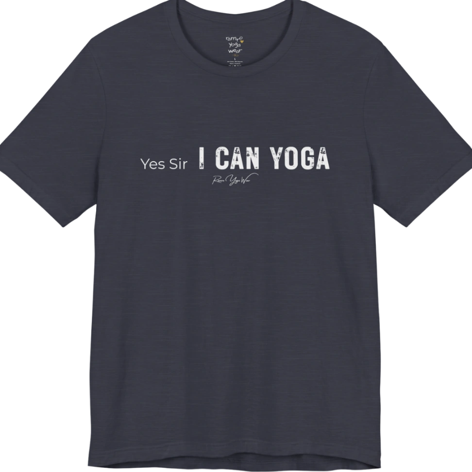 A short sleeved bold "Yes Sir, I Can Yoga" stacked text design — Funny Yoga Shirts collection by Ramro Yoga Wear in Heather Midnight Navy.