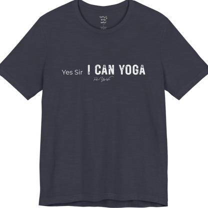 A short sleeved bold "Yes Sir, I Can Yoga" stacked text design — Funny Yoga Shirts collection by Ramro Yoga Wear in Heather Midnight Navy.