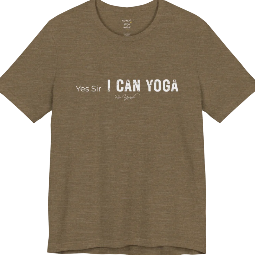 A short sleeved bold "Yes Sir, I Can Yoga" stacked text design — Funny Yoga Shirts collection by Ramro Yoga Wear in Heather Olive.