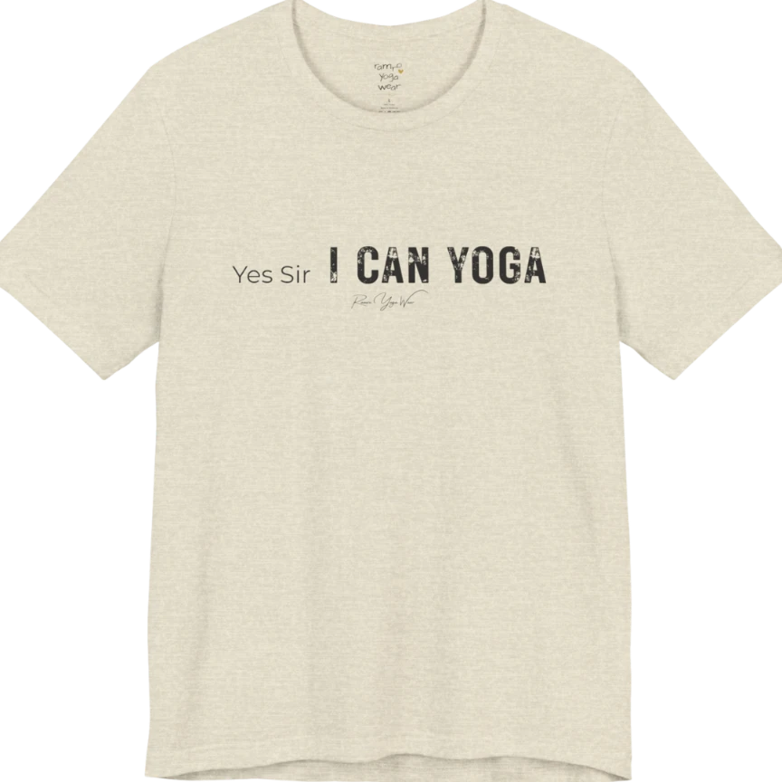 A short sleeved bold "Yes Sir, I Can Yoga" stacked text design — Funny Yoga Shirts collection by Ramro Yoga Wear in Heather Prism Natural.
