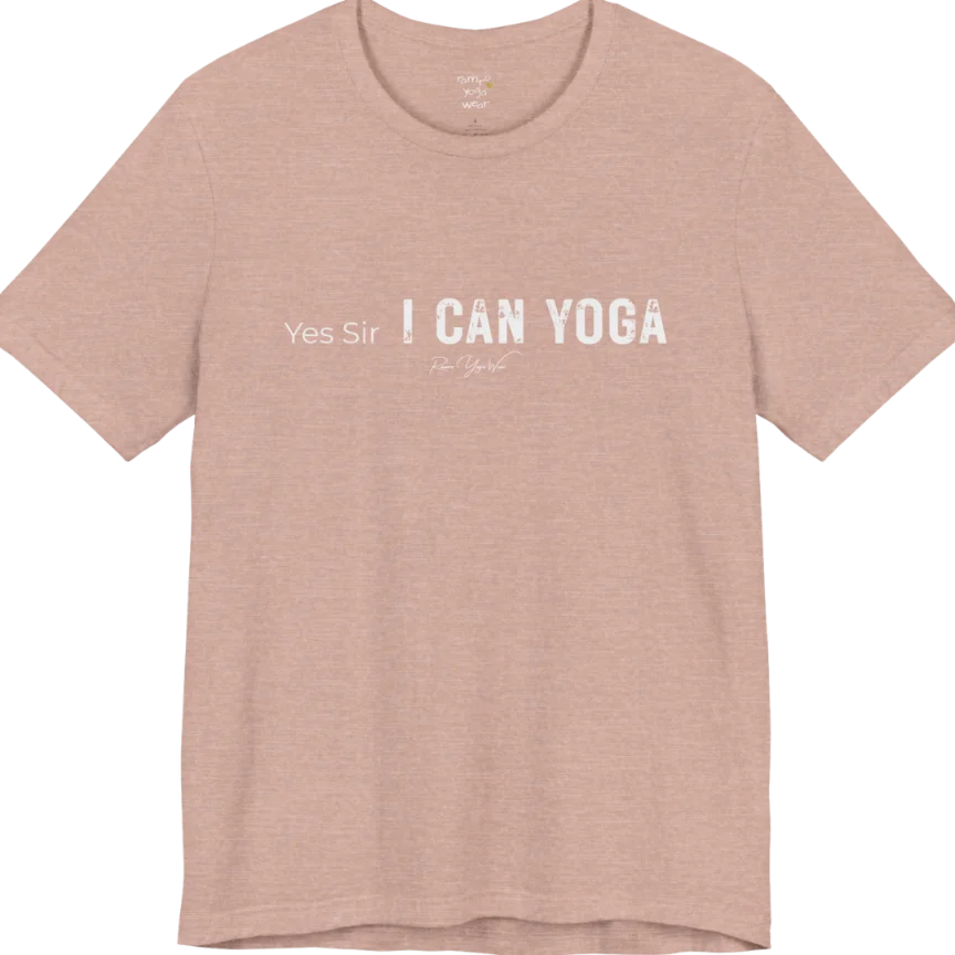 A short sleeved bold "Yes Sir, I Can Yoga" stacked text design — Funny Yoga Shirts collection by Ramro Yoga Wear in Heather Prism Peach.
