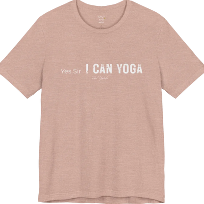 A short sleeved bold "Yes Sir, I Can Yoga" stacked text design — Funny Yoga Shirts collection by Ramro Yoga Wear in Heather Prism Peach.