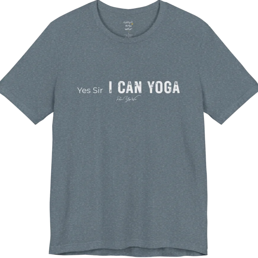 A short sleeved bold "Yes Sir, I Can Yoga" stacked text design — Funny Yoga Shirts collection by Ramro Yoga Wear in Heather Slate. 