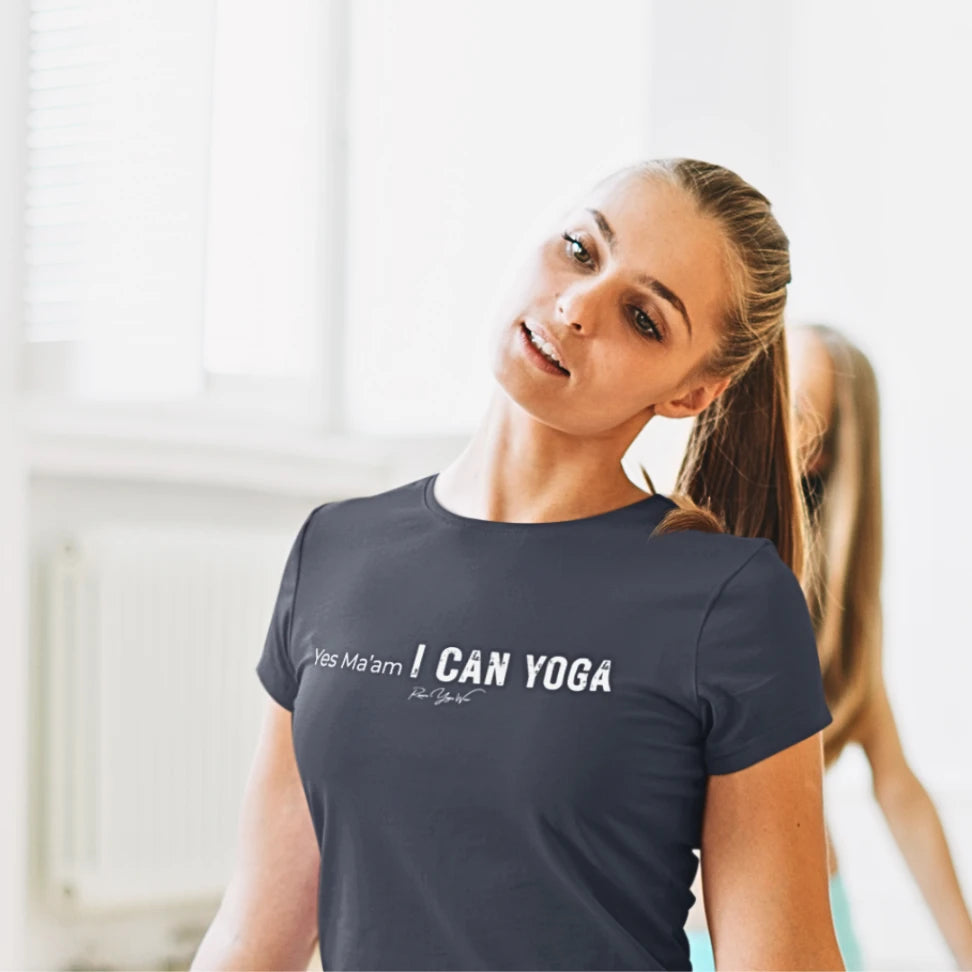 Person wearing Yes Sir Heather Midnight Navy tee, smiling during her Yoga Class — Funny Yoga Shirts collection by Ramro Yoga Wear