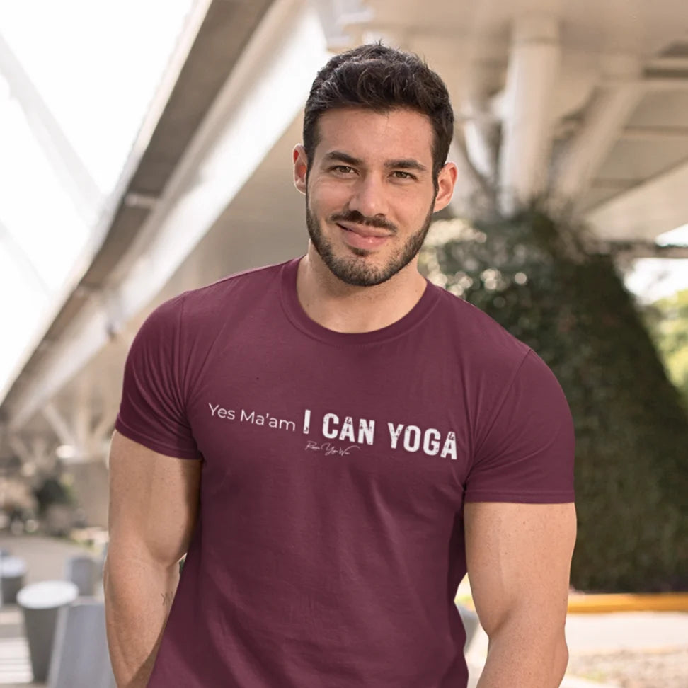 Person wearing Yes Sir Heather Cardinal  tee, standing outdoors — Funny Yoga Shirts collection by Ramro Yoga Wear
