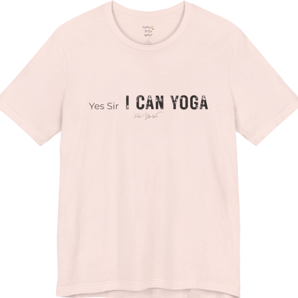 A short sleeved bold "Yes Sir, I Can Yoga" stacked text design — Funny Yoga Shirts collection by Ramro Yoga Wear in Soft Pink.