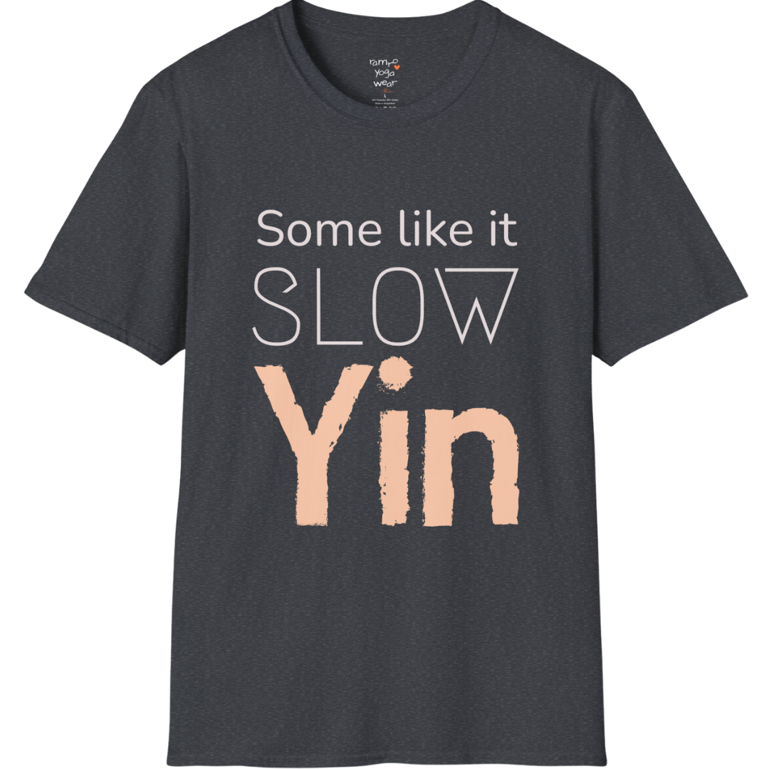 Some like it slow Yin” minimalist textured typography design — The Vault collection by Ramro Yoga Wear — Dark Heather Grey