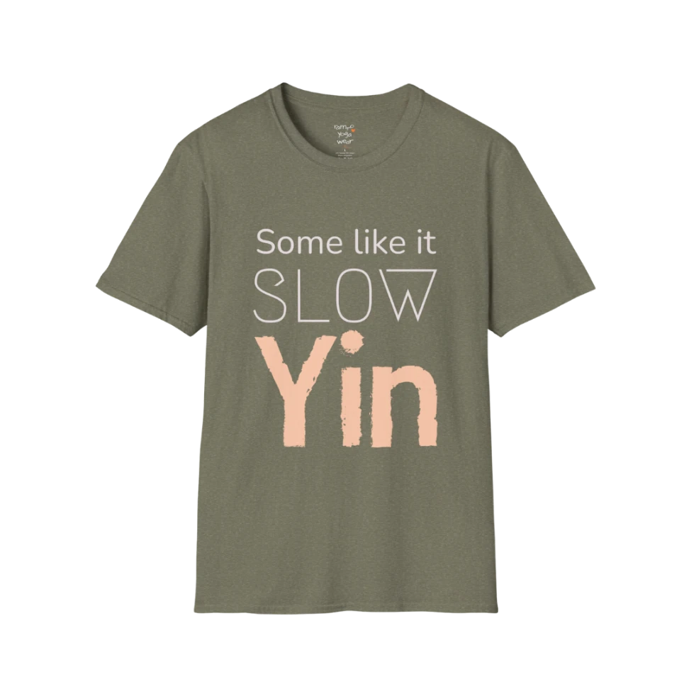 Heather Military Green Yin T-Shirt featuring calm neutral typography and textured Yin graphic.