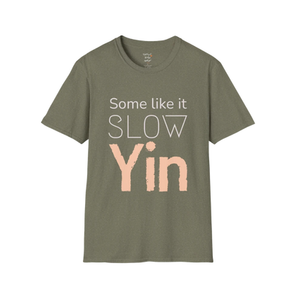 Heather Military Green Yin T-Shirt featuring calm neutral typography and textured Yin graphic.