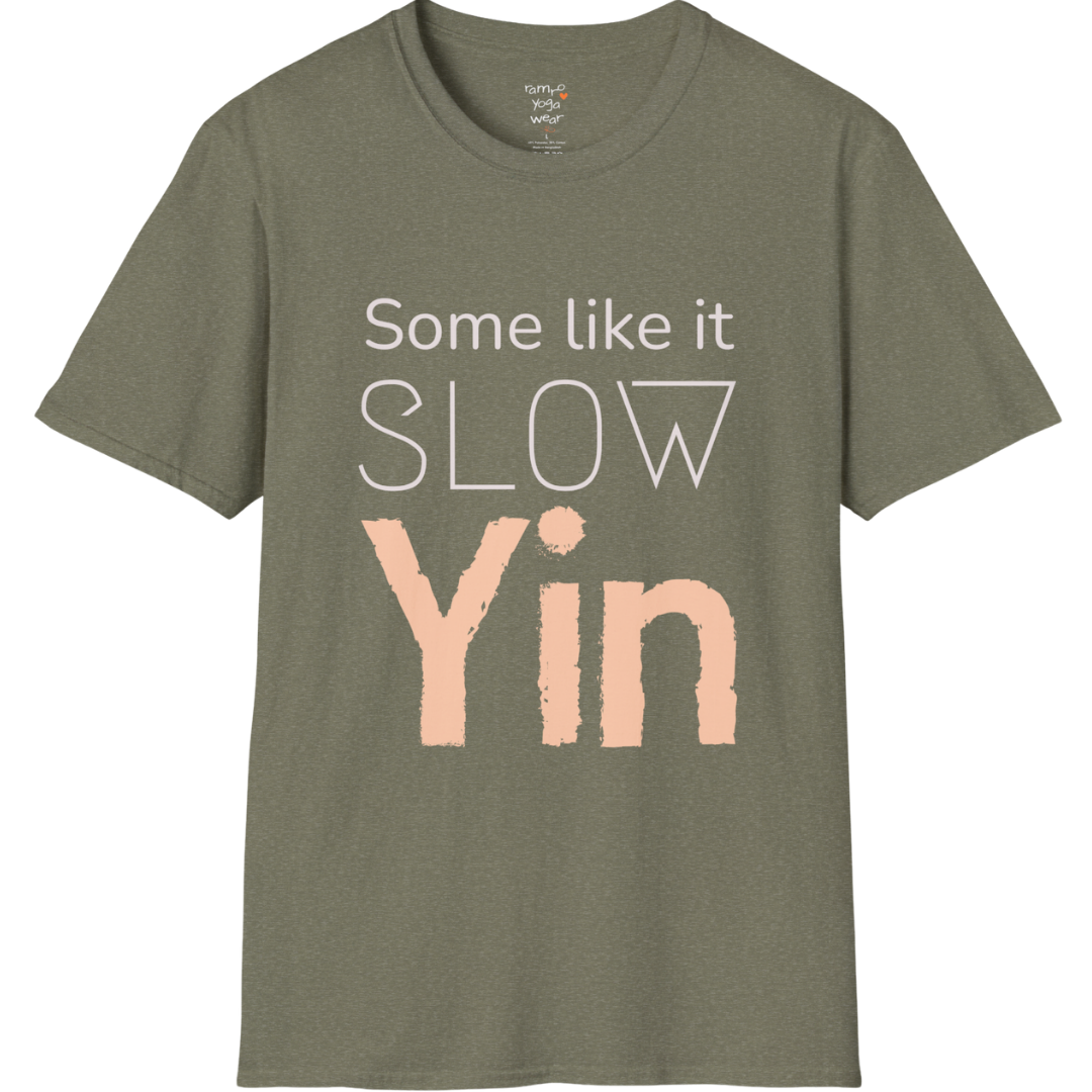 Some like it slow Yin” minimalist textured typography design — The Vault collection by Ramro Yoga Wear — Heather Military Green