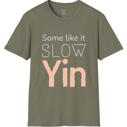 Some like it slow Yin” minimalist textured typography design — The Vault collection by Ramro Yoga Wear — Heather Military Green