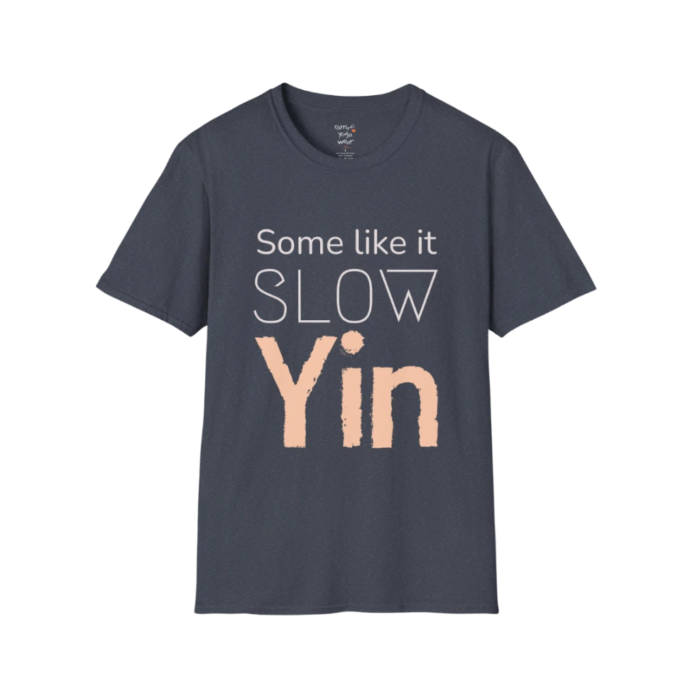Heather Navy Yin T-Shirt featuring modern yoga-inspired typography and textured Yin artwork.