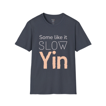 Heather Navy Yin T-Shirt featuring modern yoga-inspired typography and textured Yin artwork.