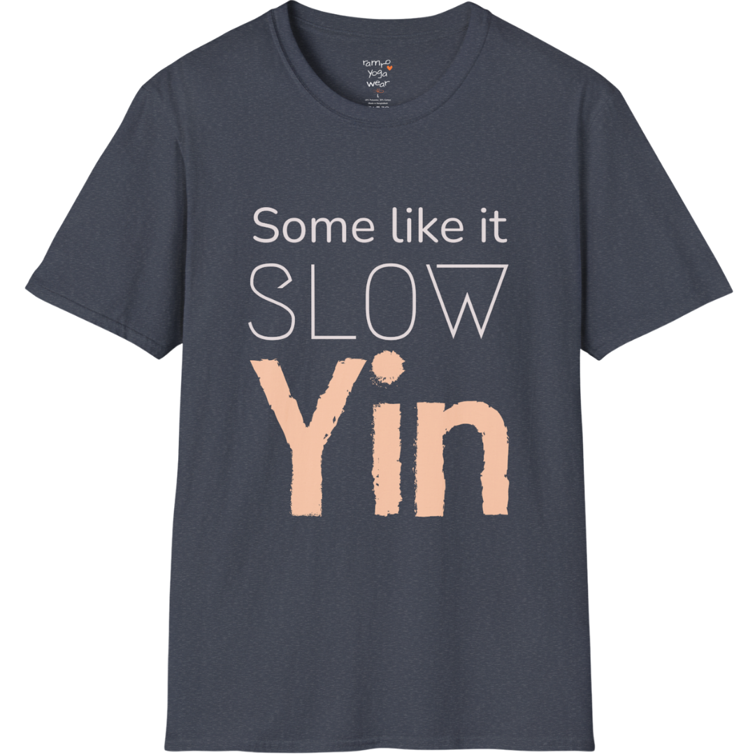 Some like it slow Yin” minimalist textured typography design — The Vault collection by Ramro Yoga Wear — Heather Navy