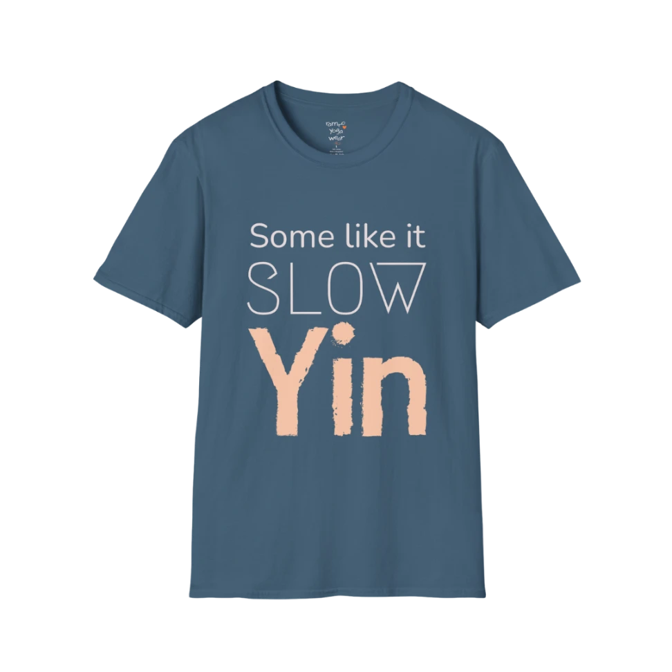 Indigo Blue Yin T-Shirt with soft minimalist yoga typography and textured Yin statement design.