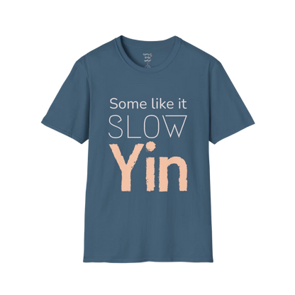 Indigo Blue Yin T-Shirt with soft minimalist yoga typography and textured Yin statement design.