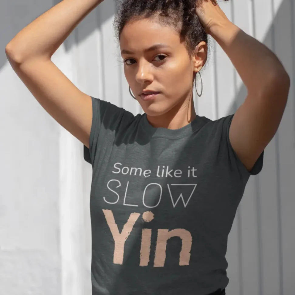 Stone Blue Yin T-Shirt lifestyle image with soft mindful typography and textured Yin statement artwork.