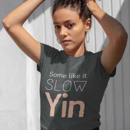 Stone Blue Yin T-Shirt lifestyle image with soft mindful typography and textured Yin statement artwork.
