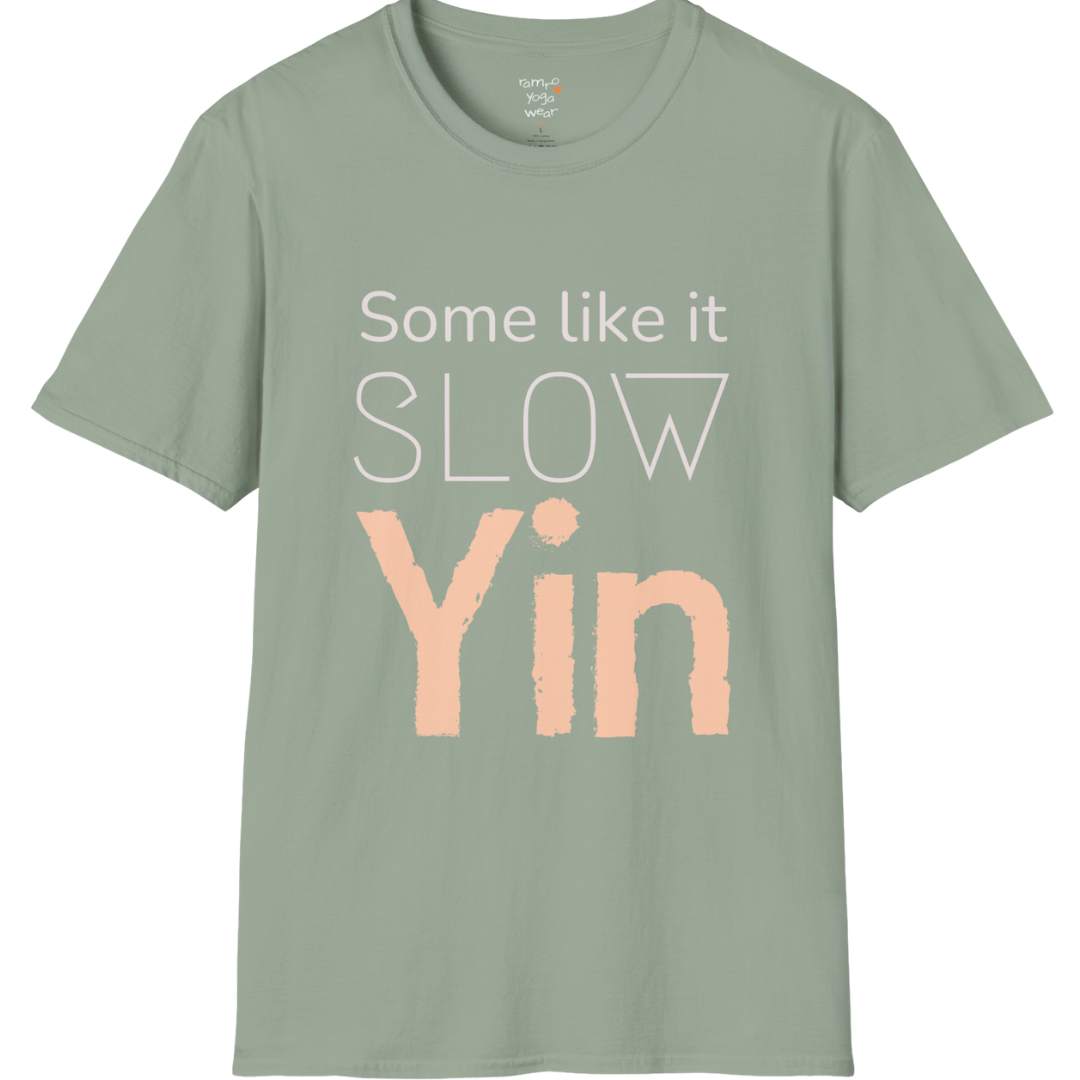 Some like it slow Yin” minimalist textured typography design — The Vault collection by Ramro Yoga Wear — Sage