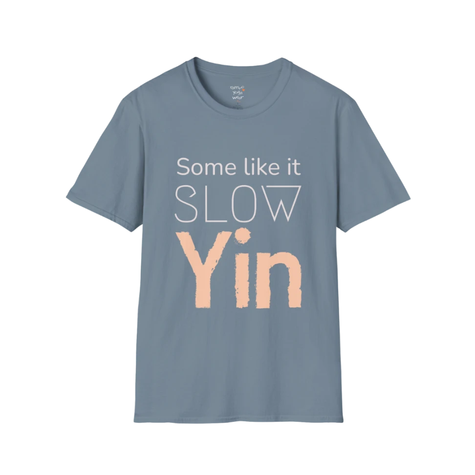 Stone Blue Yin T-Shirt with calm minimalist typography and soft distressed Yin text.