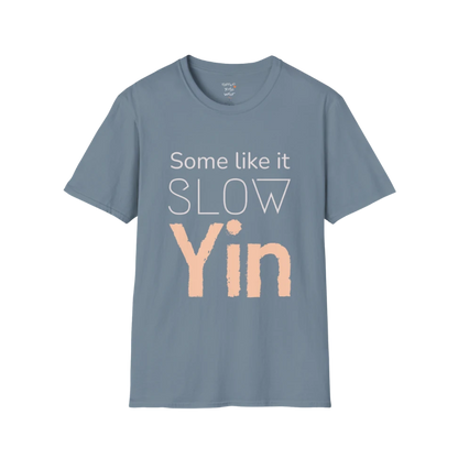 Stone Blue Yin T-Shirt with calm minimalist typography and soft distressed Yin text.