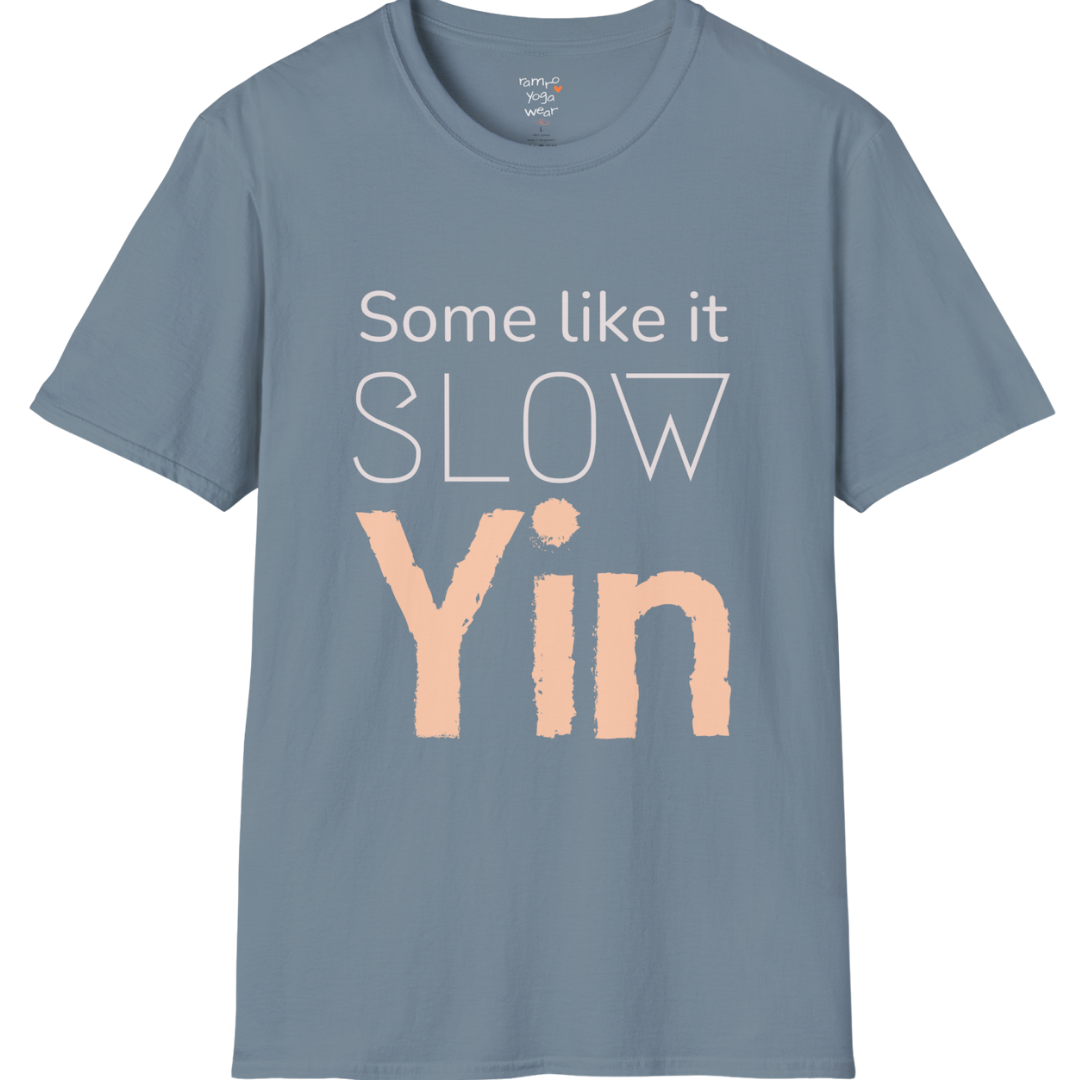 Some like it slow Yin” minimalist textured typography design — The Vault collection by Ramro Yoga Wear — Stone Blue