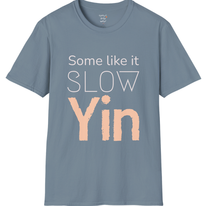 Some like it slow Yin” minimalist textured typography design — The Vault collection by Ramro Yoga Wear — Stone Blue