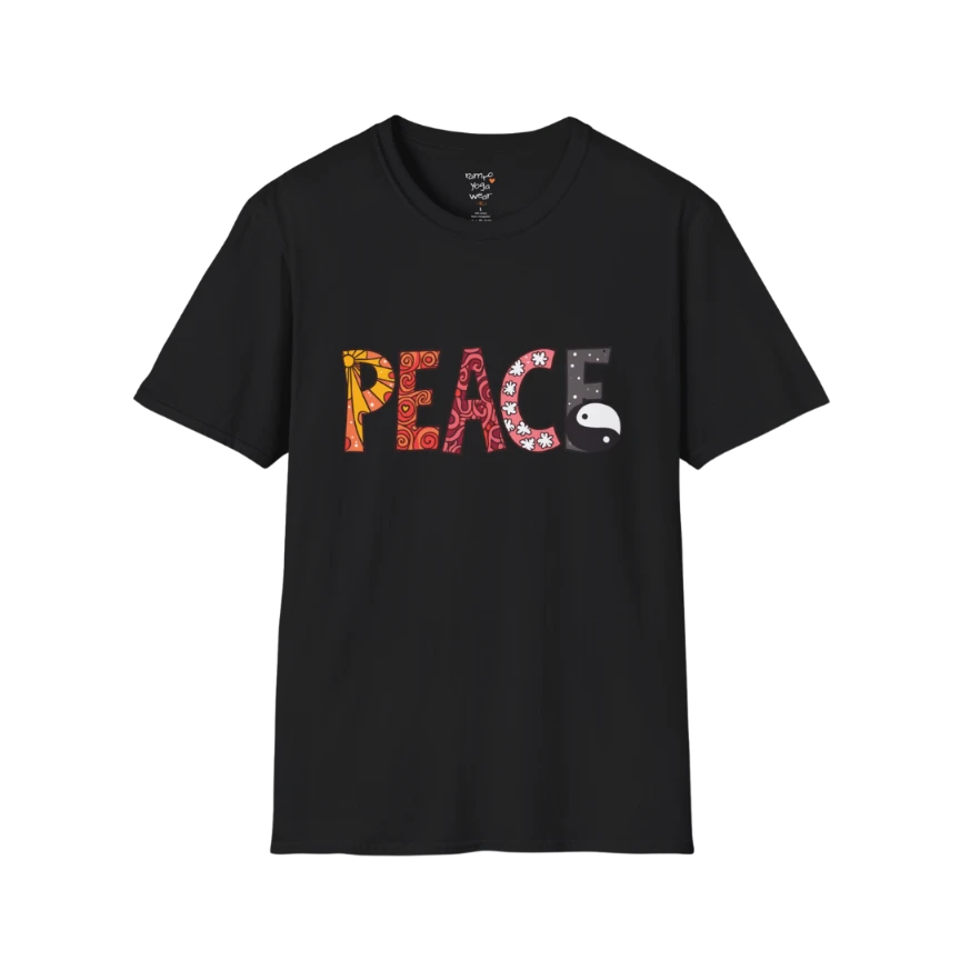 Patterned vintage-inspired “PEACE” typography with subtle Yin Yang symbol design — The Vault collection by Ramro Yoga Wear — Black