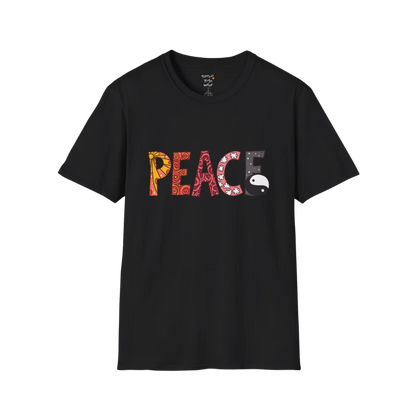 Patterned vintage-inspired “PEACE” typography with subtle Yin Yang symbol design — The Vault collection by Ramro Yoga Wear — Black