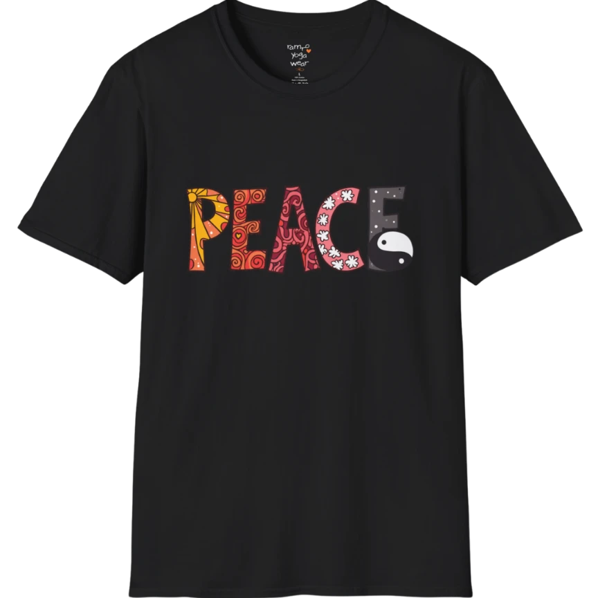 Short sleeved patterned vintage-inspired “PEACE” typography tee with subtle Yin Yang symbol design — The Vault collection by Ramro Yoga Wear — Black