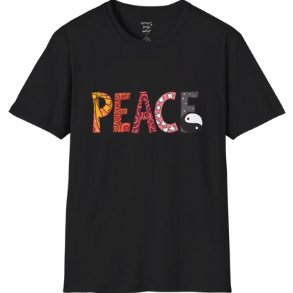 Short sleeved patterned vintage-inspired “PEACE” typography tee with subtle Yin Yang symbol design — The Vault collection by Ramro Yoga Wear — Black