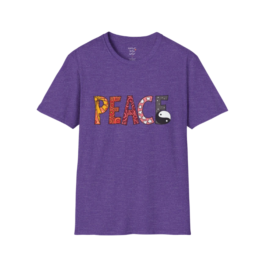 Patterned vintage-inspired “PEACE” typography with subtle Yin Yang symbol design — The Vault collection by Ramro Yoga Wear — Heather Purple