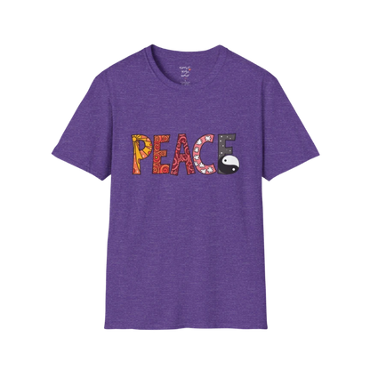Patterned vintage-inspired “PEACE” typography with subtle Yin Yang symbol design — The Vault collection by Ramro Yoga Wear — Heather Purple