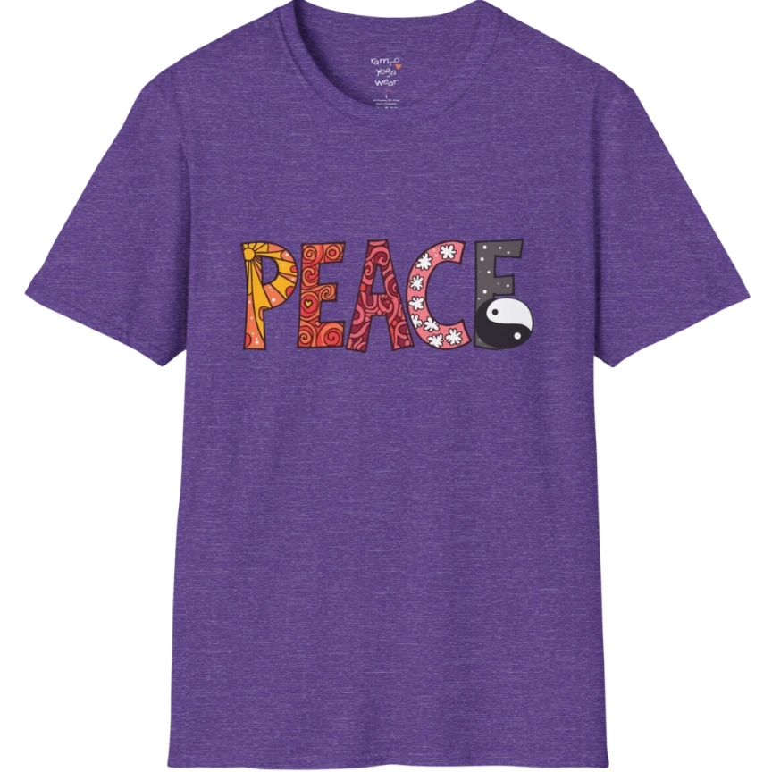 Short sleeved patterned vintage-inspired “PEACE” typography tee with subtle Yin Yang symbol design — The Vault collection by Ramro Yoga Wear — Heather Purple