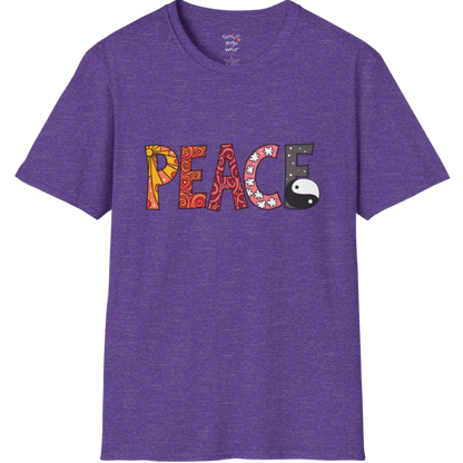 Short sleeved patterned vintage-inspired “PEACE” typography tee with subtle Yin Yang symbol design — The Vault collection by Ramro Yoga Wear — Heather Purple