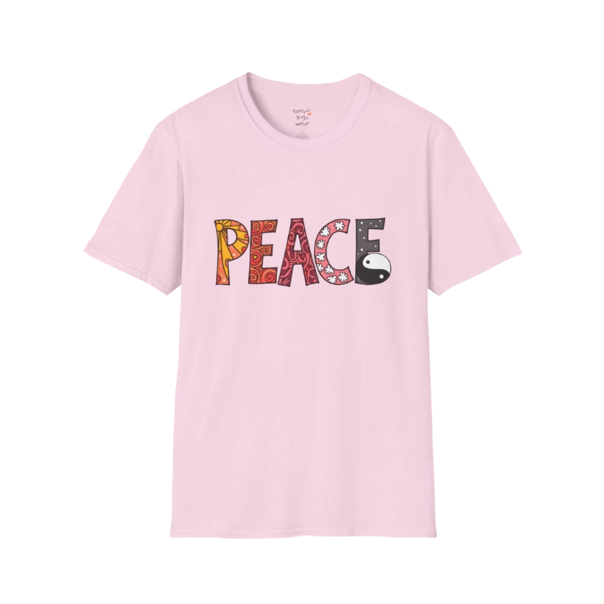Patterned vintage-inspired “PEACE” typography with subtle Yin Yang symbol design — The Vault collection by Ramro Yoga Wear — Light Pink