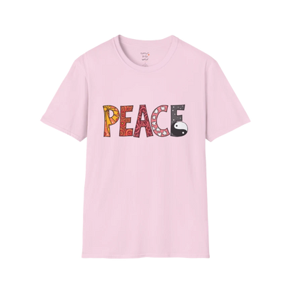 Patterned vintage-inspired “PEACE” typography with subtle Yin Yang symbol design — The Vault collection by Ramro Yoga Wear — Light Pink